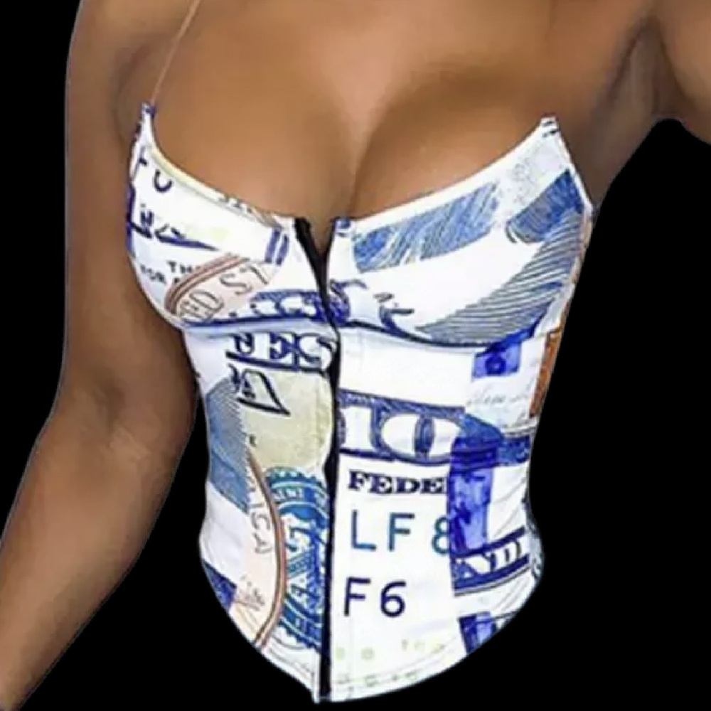 Blue money bustier/corset with clear straps.